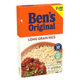 A box of Bens Original - Long Grain Rice - 500g, featuring cooked rice and stew on the front and a £1.99 RRP label in the top right corner.